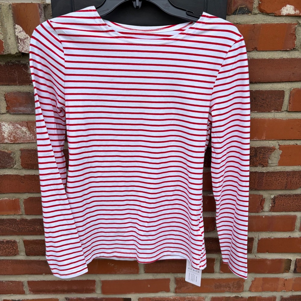 LILYCOCO Womens Red White Striped Long Sleeve‎ Cotton Blend Top XS NEW